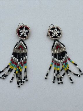 Vintage Native American Beaded Dangle Earrings Seed Bead Fringe Leather Backing